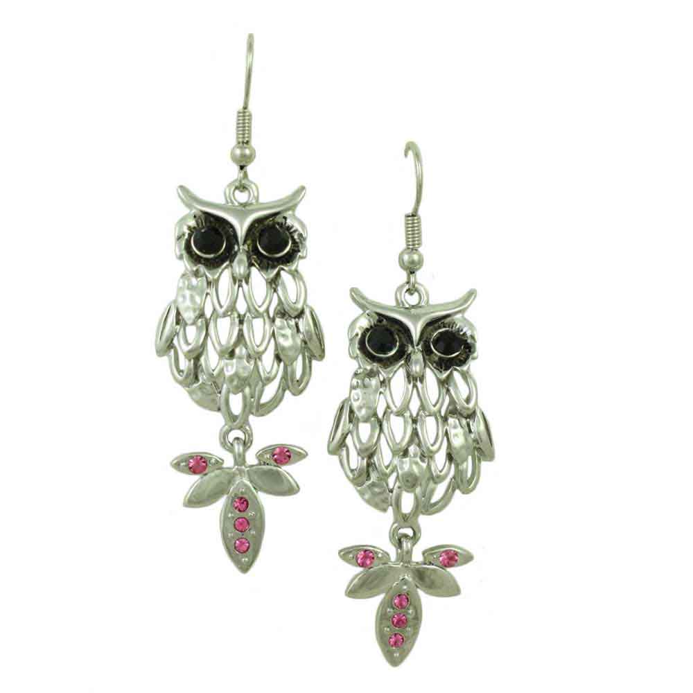 Lilylin Designs Silver Owl with Large Black Eyes Dangling Earring