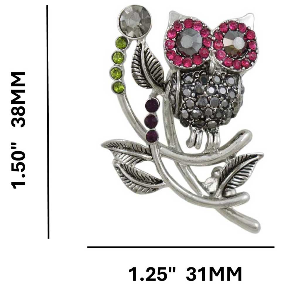 Owl with Fuchsia and Gray Crystal Eyes Brooch Pin shown with measurements - Lilylin Designs