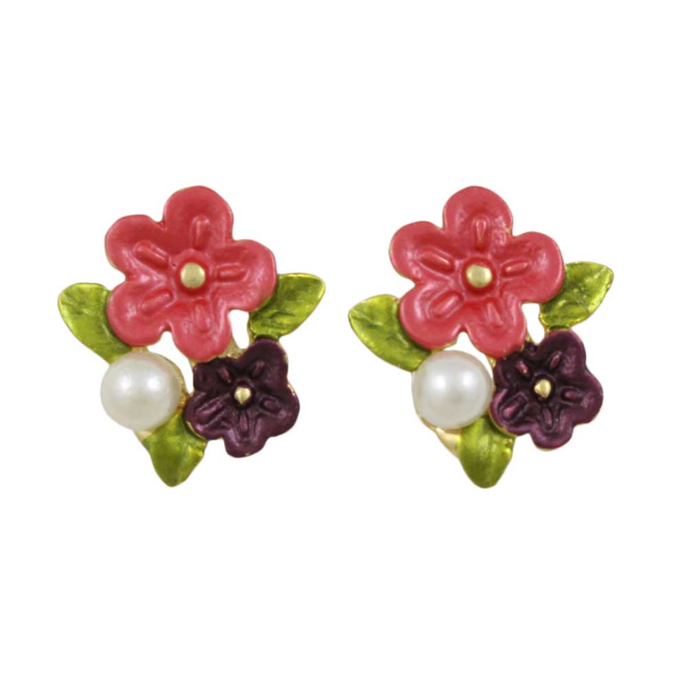 Red and Purple Enamel Flowers with Pearl Pierced Earring - PE106 - Lilylin Designs