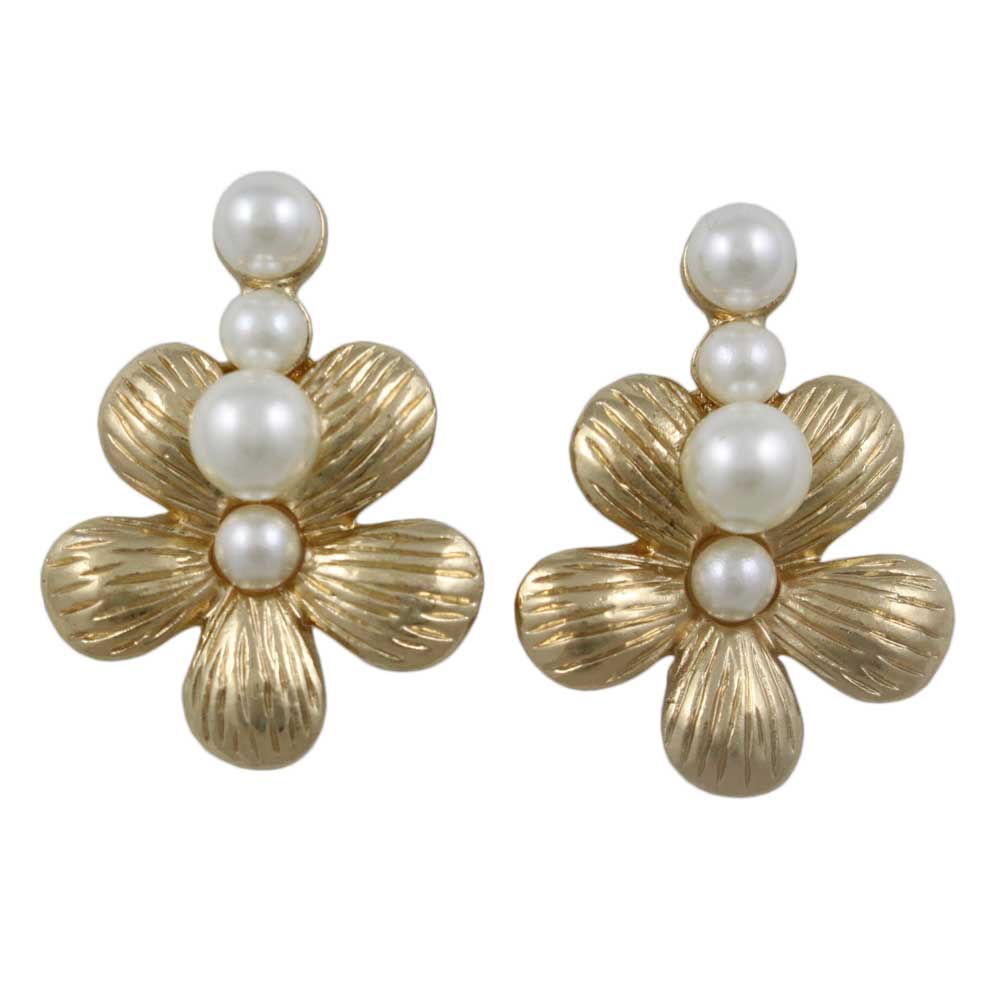 Gold Flower with 4 White Pearl Balls Pierced Earring - PE502 - Lilylin Designs