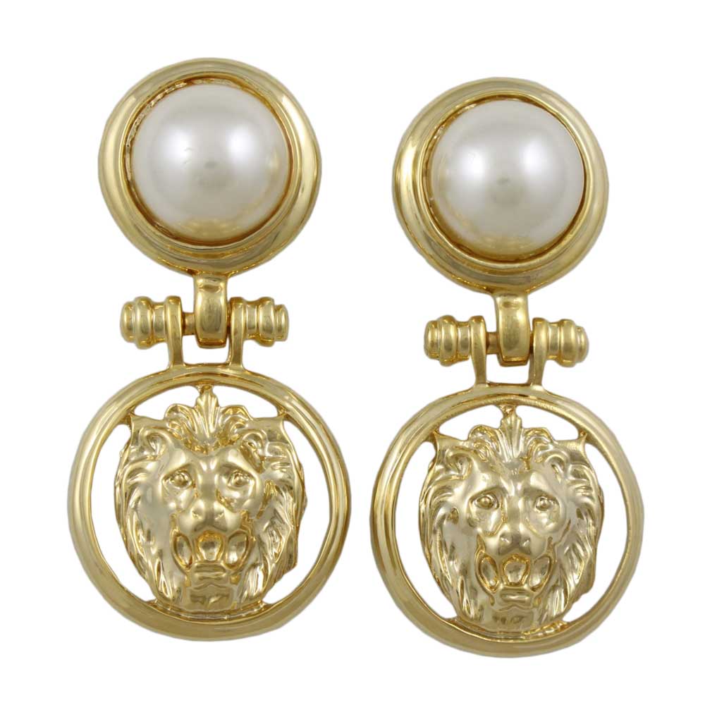 Lilylin Designs Large White Pearl with Lion Head Doorknocker Earring