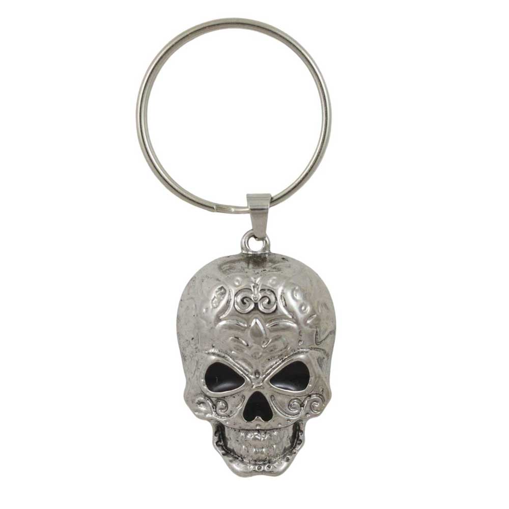 Silver skull keychain with chain and clasp on a white background - Lilylin Designs