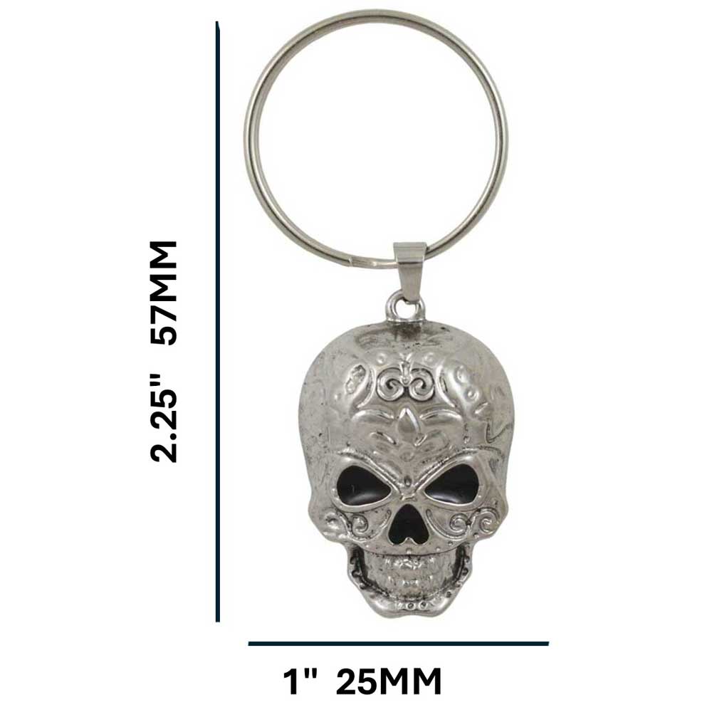 Silver skull keychain with chain and clasp on a white background with measurements - Lilylin Designs