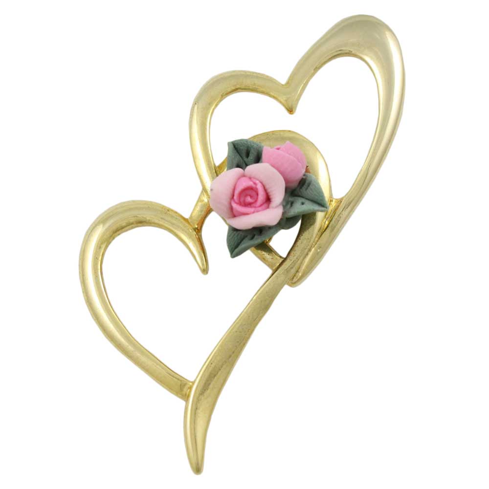 Lilylin Designs Large Gold Hearts with Pink Clay Rose Brooch Pin