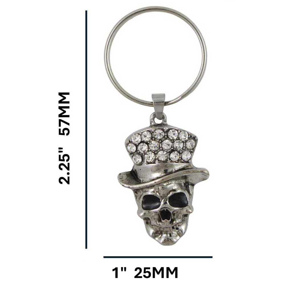 Keychain with skull design and top hat on a white background  with measurements - Lilylin Designs