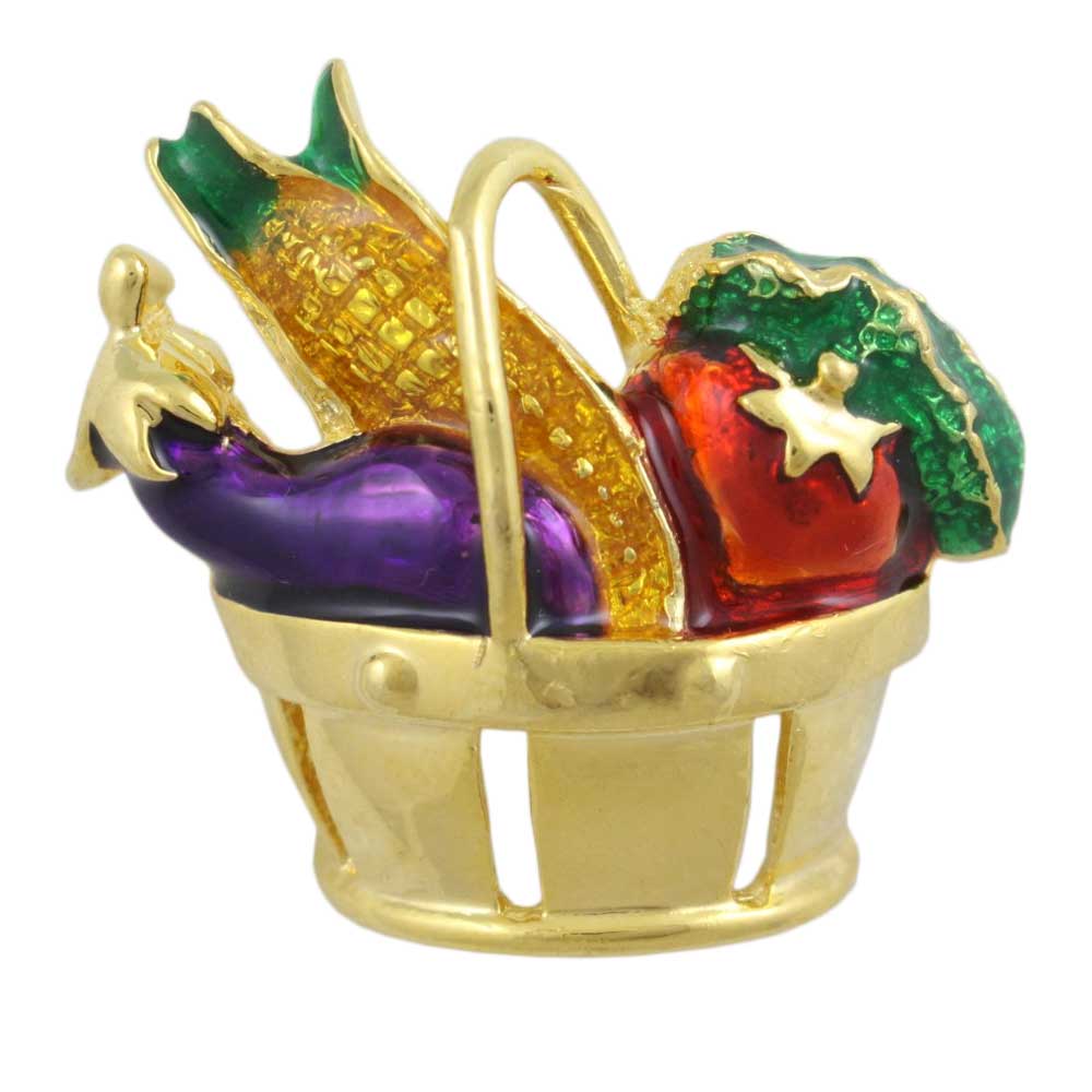 Lilylin Designs Gold Basket Filled with Vegetables Brooch Pin