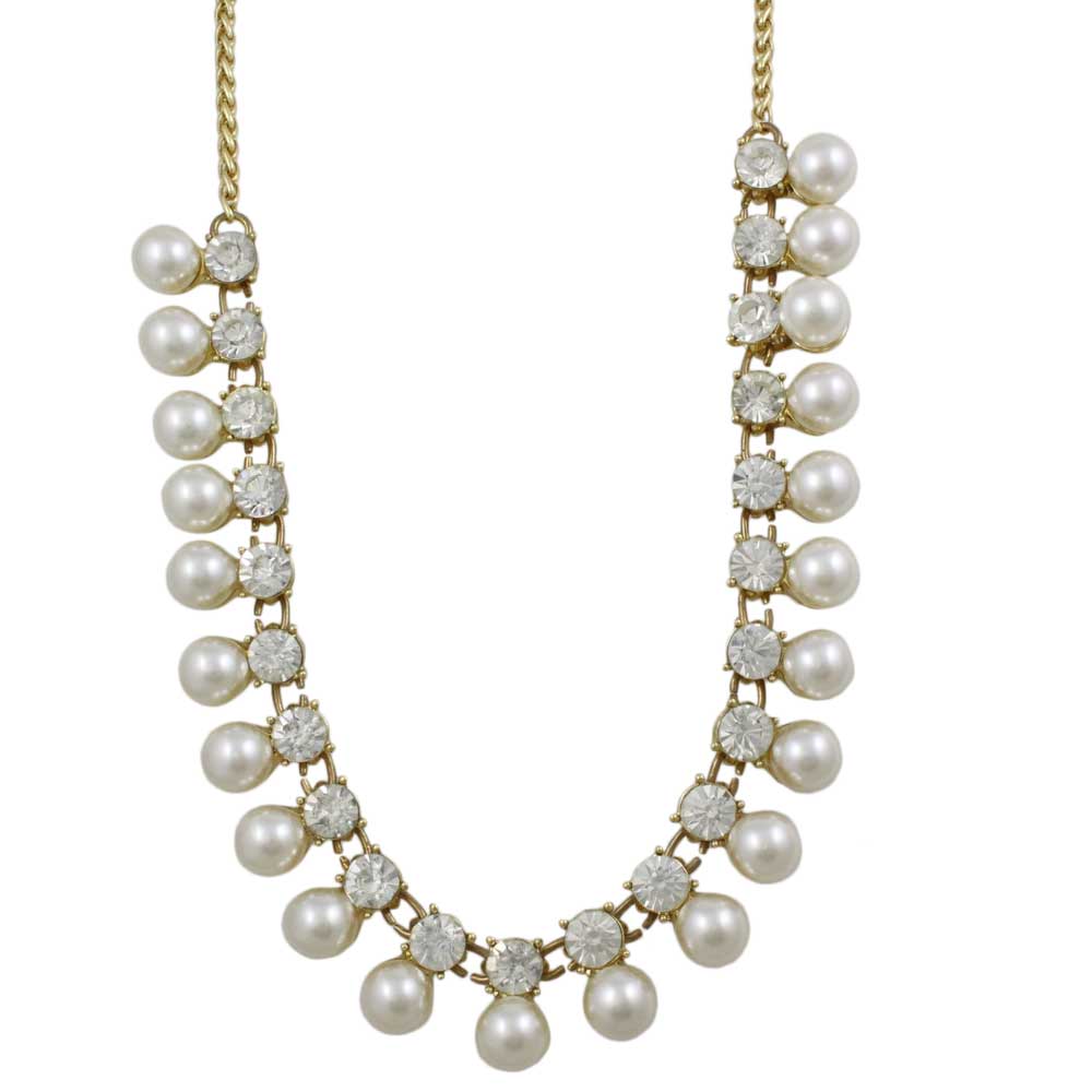 White Dangling Pearls with Round Clear Crystals Necklace - PNS401 - Lilylin Designs