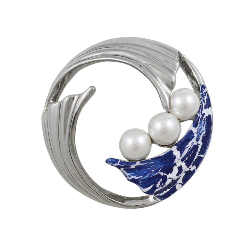 Lilylin Designs Silver Waves with Blue Crackled Enamel and Pearls Pin