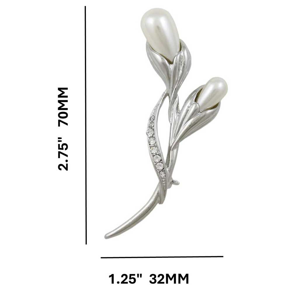 White Pearl Flower Buds with Crystal Leaf Brooch Pin with measurements - Lilylin Designs