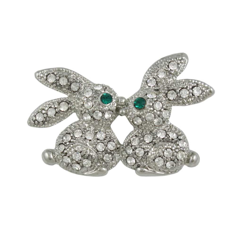 Crystal Kissing Easter Bunnies Brooch Pin in Silver - PRA012 - Lilylin Designs