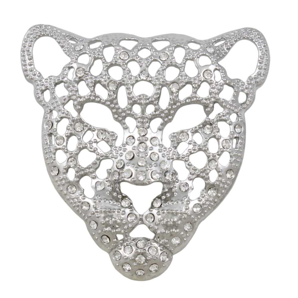 Lilylin Designs Silver-tone Filigree Crystal Lioness Head Brooch Pin