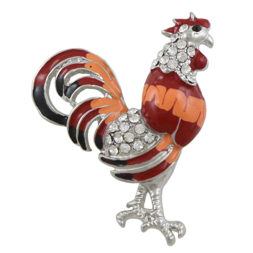 Lilylin Designs Red Orange Enamel and Crystal Rooster Brooch Pin