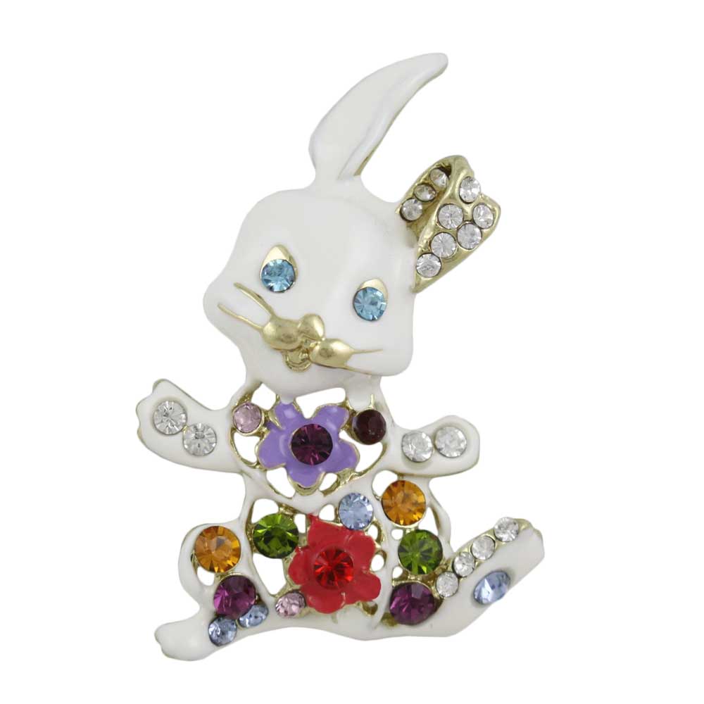 White Enamel Jeweled Belly Easter Bunny Brooch Pin - PRA512B - Lilylin Designs