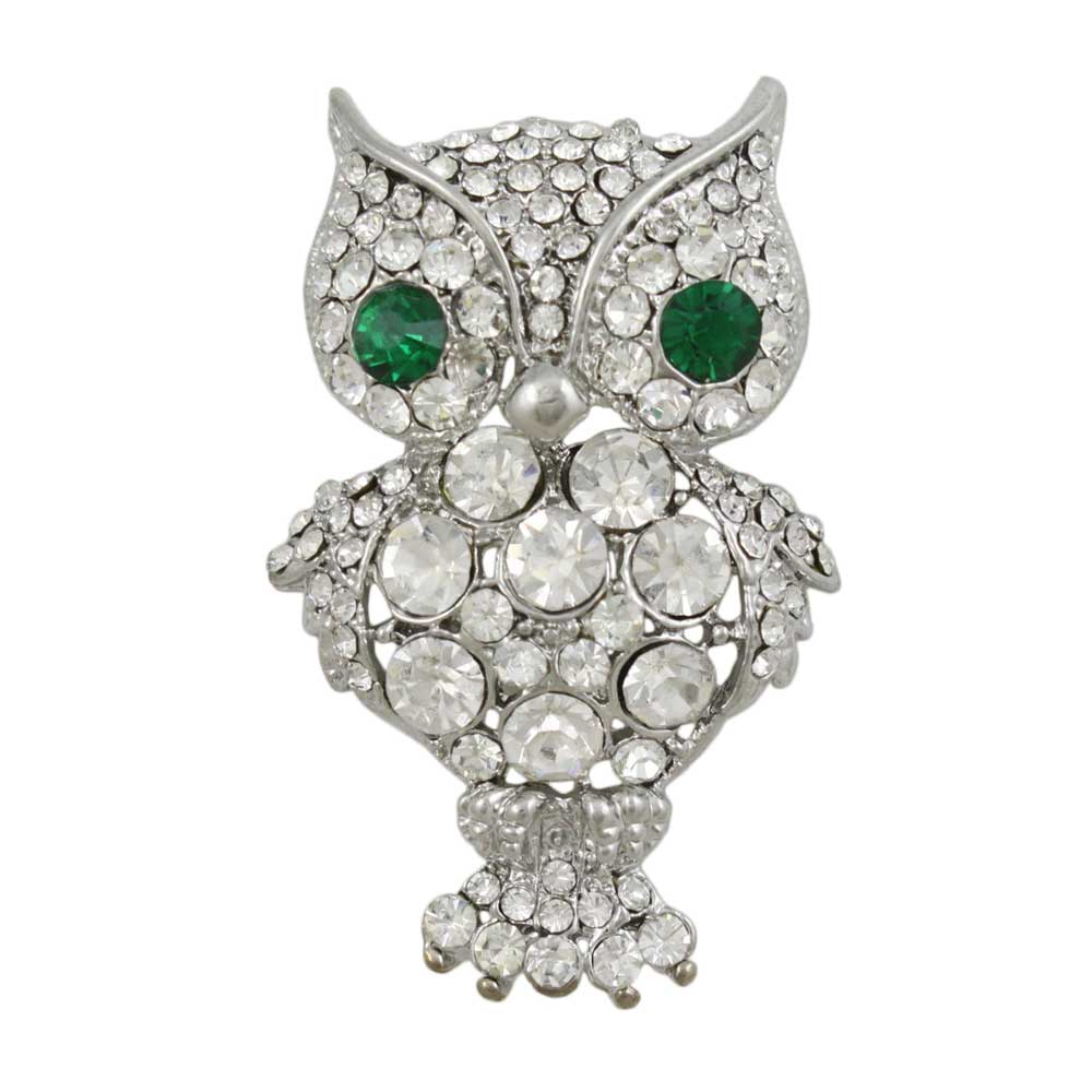 Lilylin Designs Large Crystal Owl Brooch Pin with Green Crystal Eyes