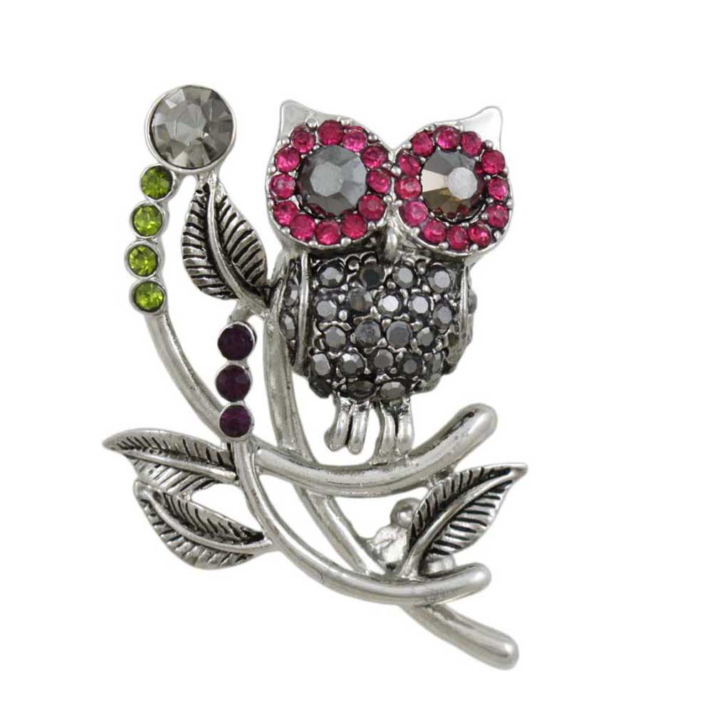 Owl with Fuchsia and Gray Crystal Eyes Brooch Pin - PRB211G - Lilylin Designs
