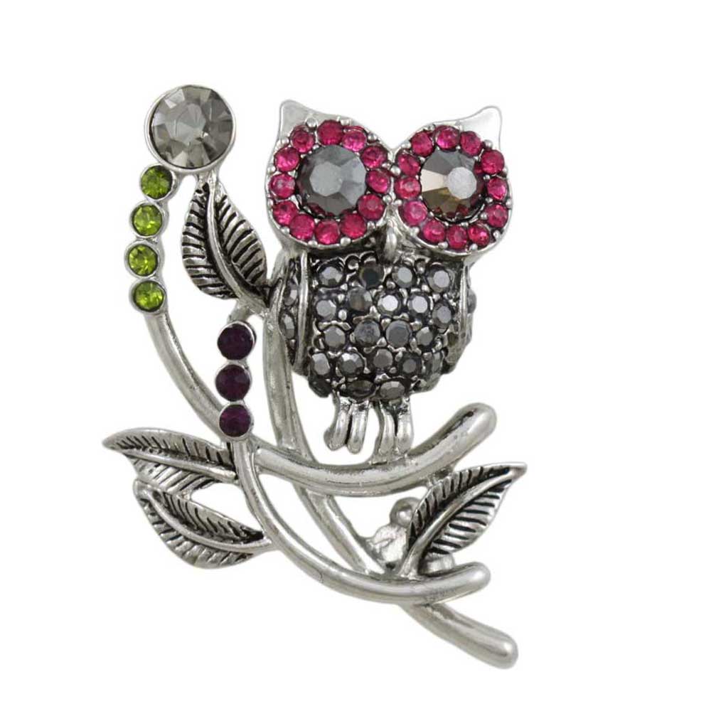 Lilylin Designs Owl with Fuchsia and Gray Crystal Eyes Brooch Pin