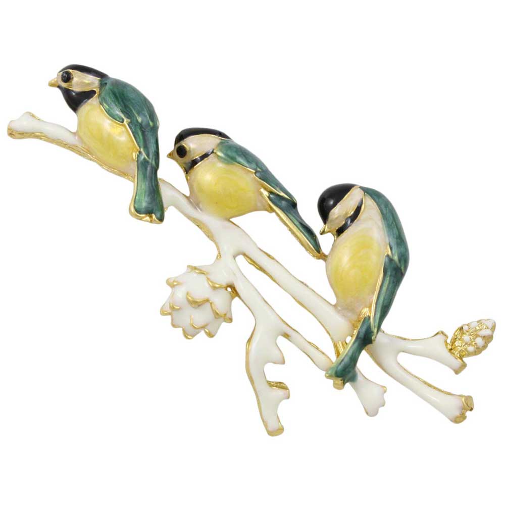 Lilylin Designs 3 Enamel Chickadee Birds on Branch Brooch Pin