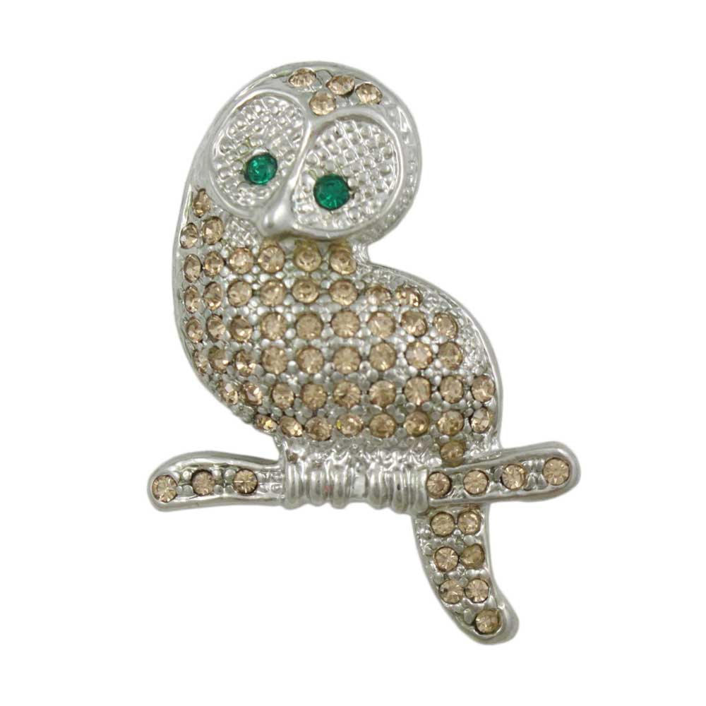 Lilylin Designs Light Brown Crystal Owl with Green Eyes Brooch Pin