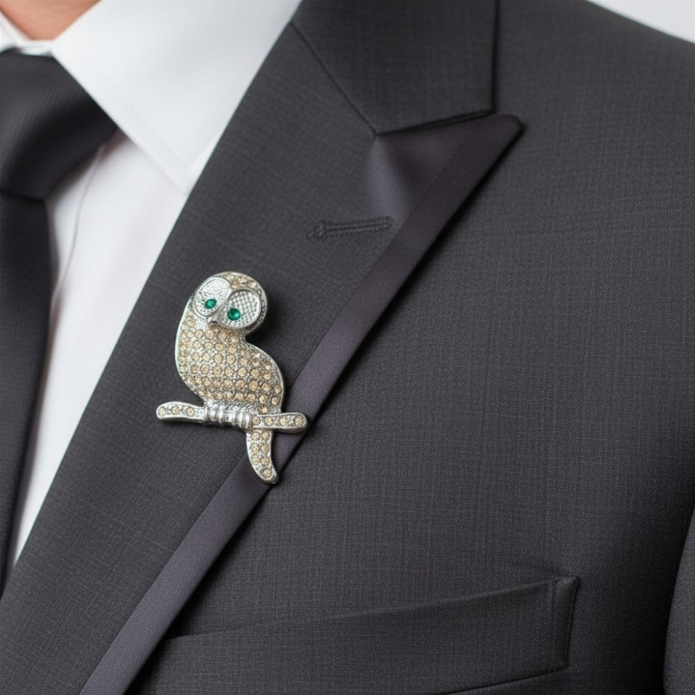 Light brown crystal owl pin on jacket lapel - Lilylin Designs