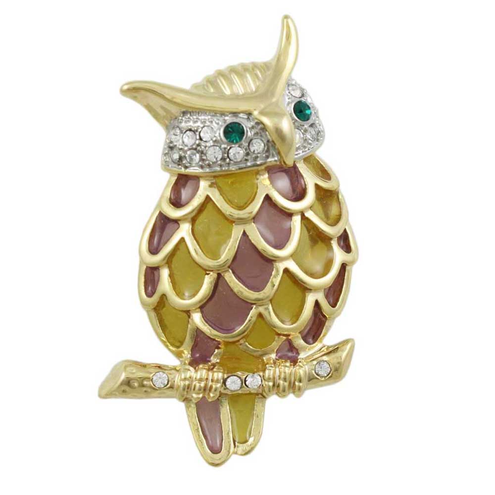 Lilylin Designs Pink and Yellow Stained Glass and Crystal Owl Brooch Pin