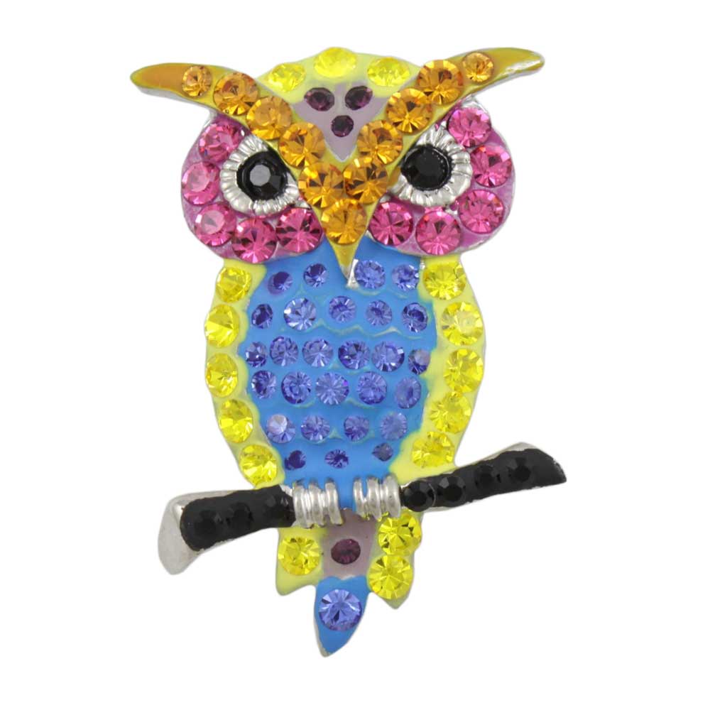 Colorful Enamel and Crystal Owl on Branch Brooch Pin