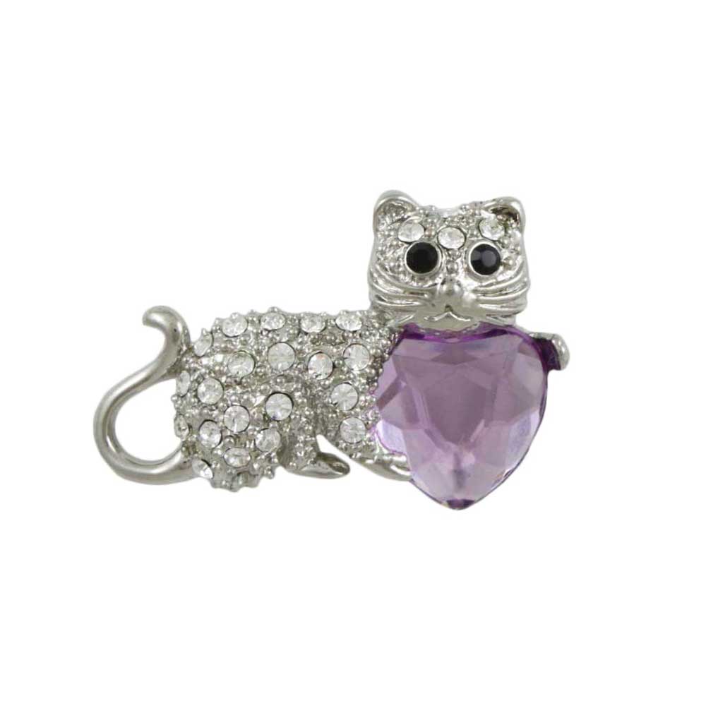 Crystal Cat with Large Purple Heart Brooch Pin - PRC012 - Lilylin Designs