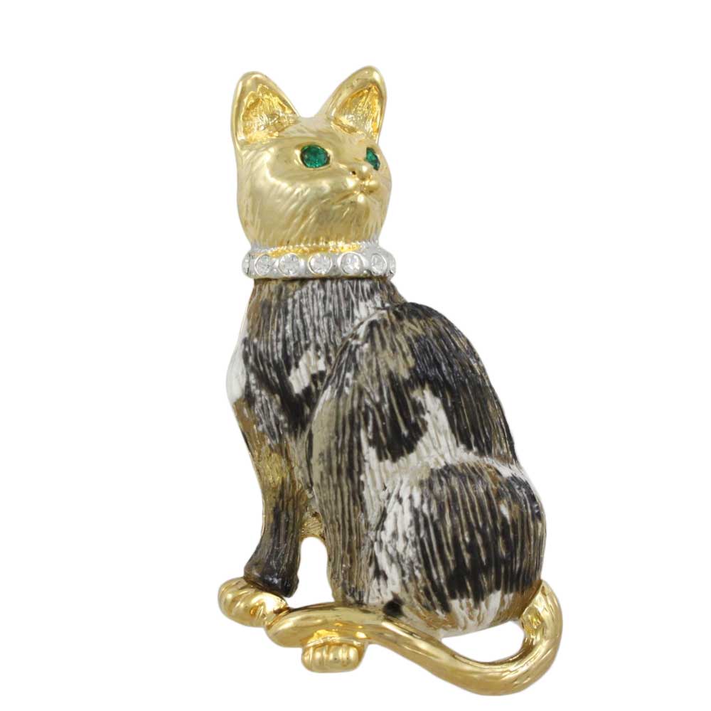 Lilylin Designs Black and White Cat with Crystal Collar Brooch Pin