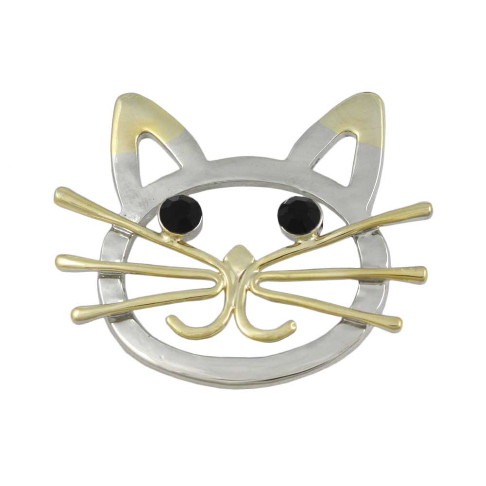 Lilylin Designs Gold and Silver Cat Head with Black Eyes Brooch Pin