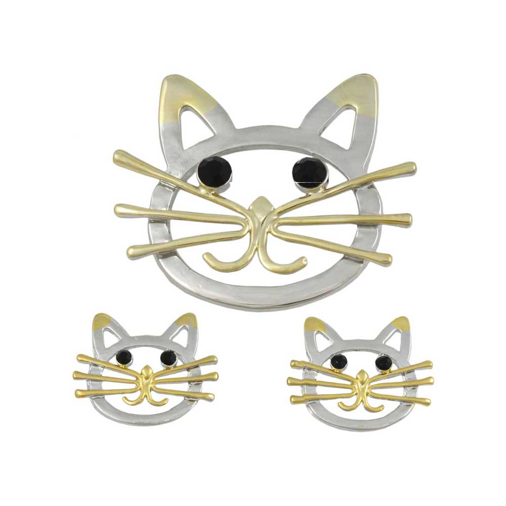 Lilylin Designs Silver and Gold Cat Face Brooch Pin and Earring Set-unboxed