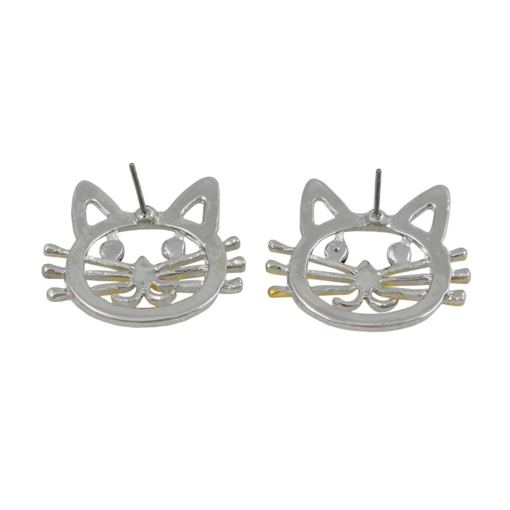 Silver and Gold Cat Head with Black Eyes Pierced Earring - PRC421E - Lilylin Designs