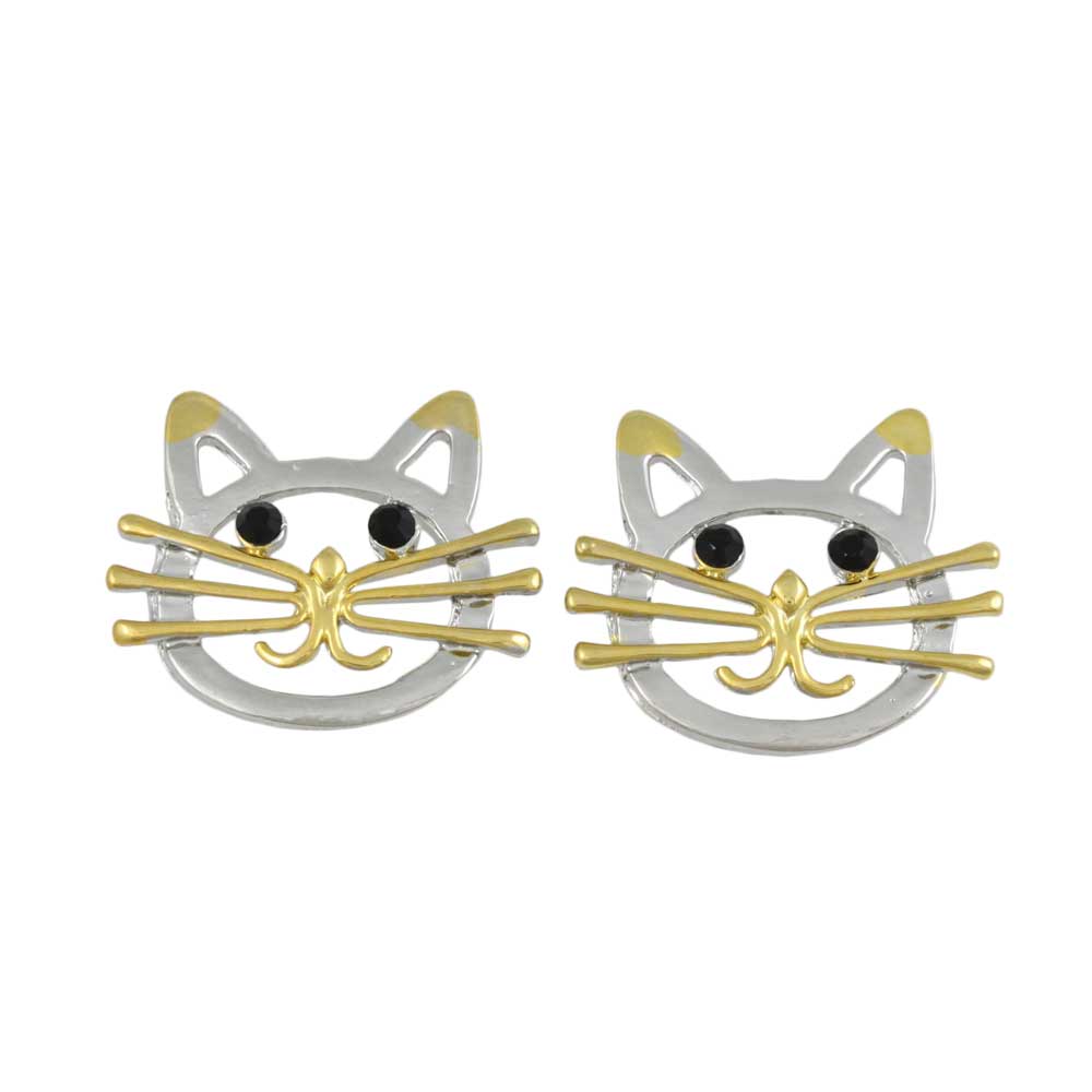 Silver and Gold Cat Head with Black Eyes Pierced Earring - PRC421E - Lilylin Designs