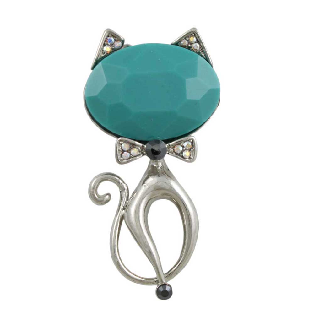 Lilylin Designs Cat with Large Blue Head and Crystal Bow Brooch Pin