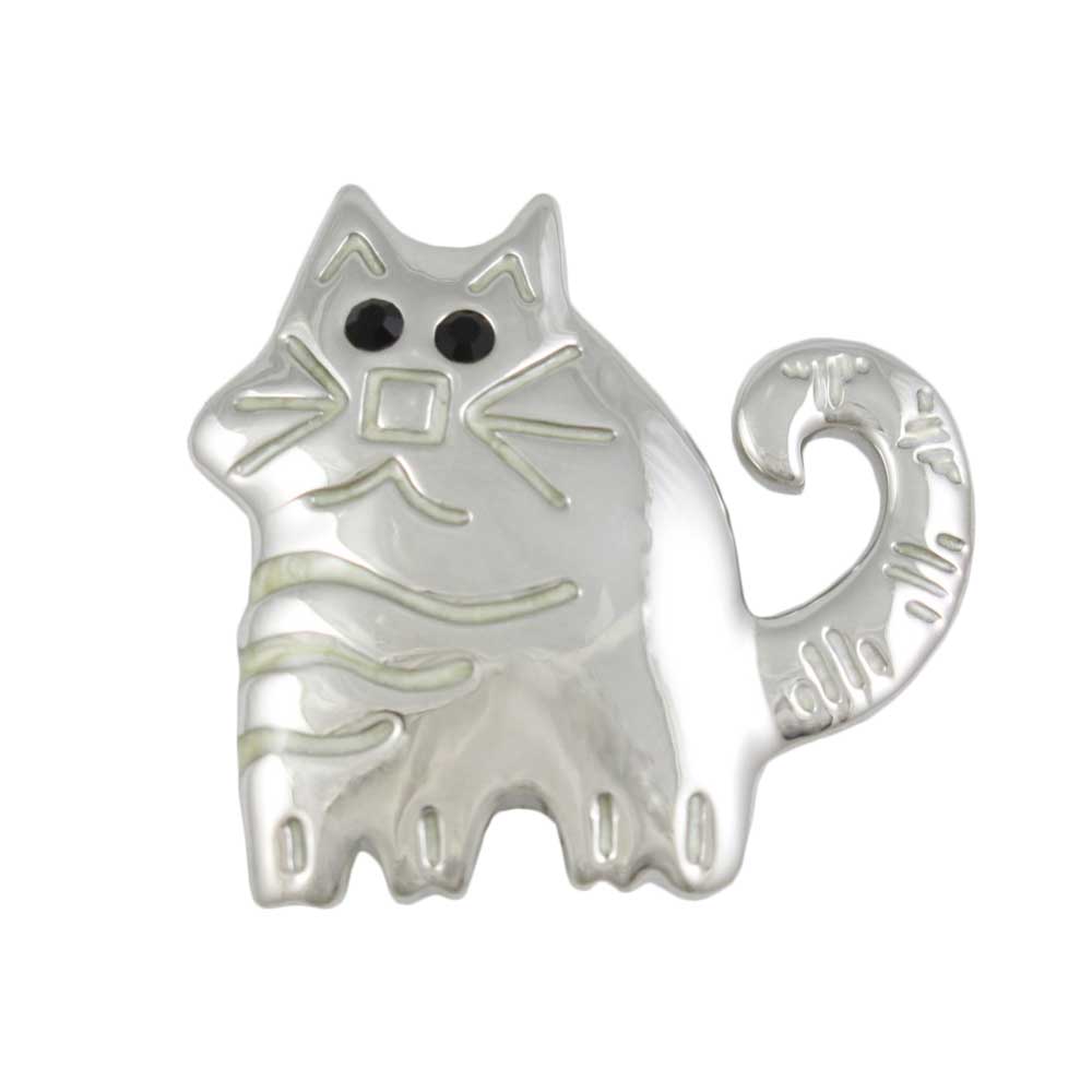 Silver Etched Fat Cat with Black Crystal Eyes Brooch Pin - PRC710A - Lilylin Designs