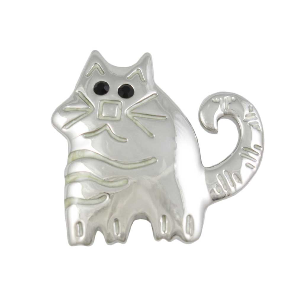 Lilylin Designs Silver Etched Fat Cat with Black Eyes Brooch Pin