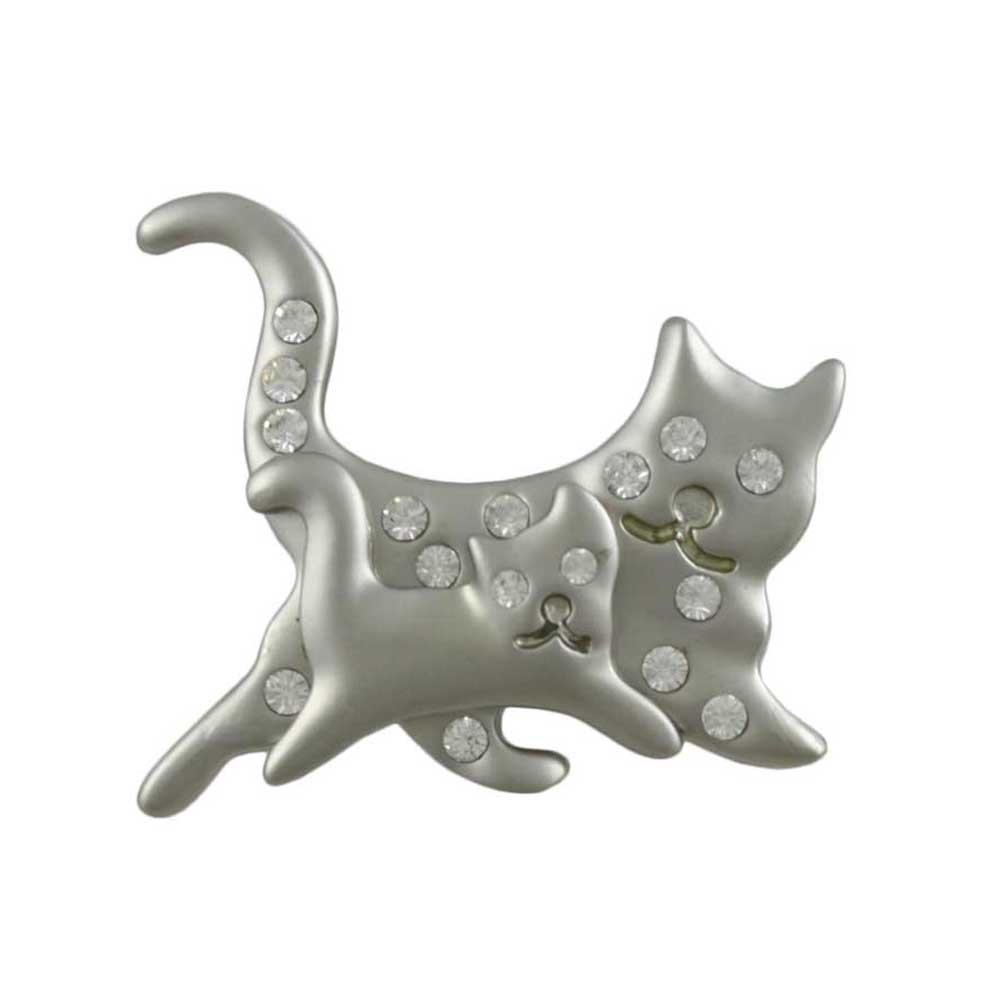 Matte Silver Mom and Baby Running Cats Brooch Pin - PRC710C - Lilylin Designs