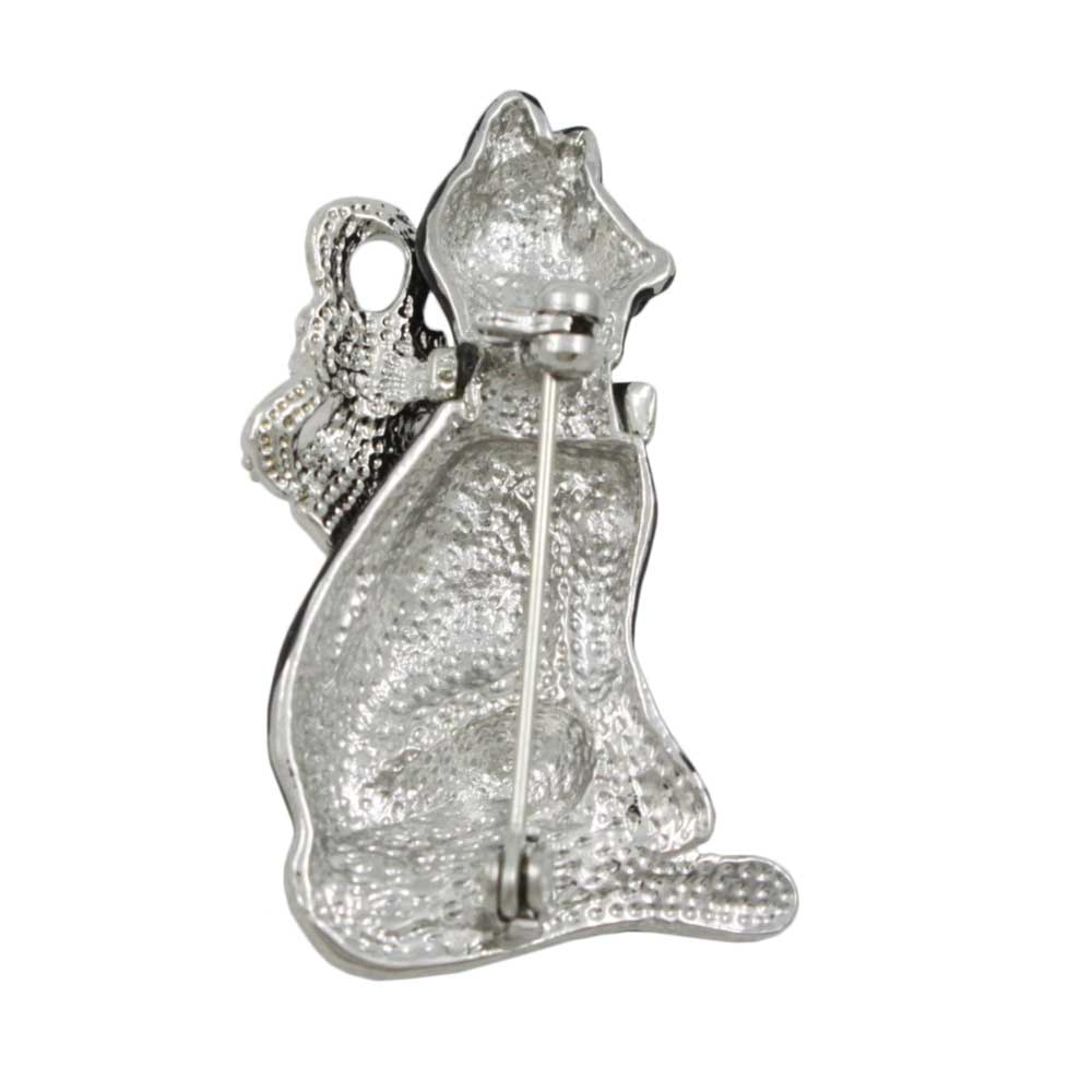 Black Cat with Large Silver - tone Crystal Bow Brooch Pin - PRC802 - Lilylin Designs