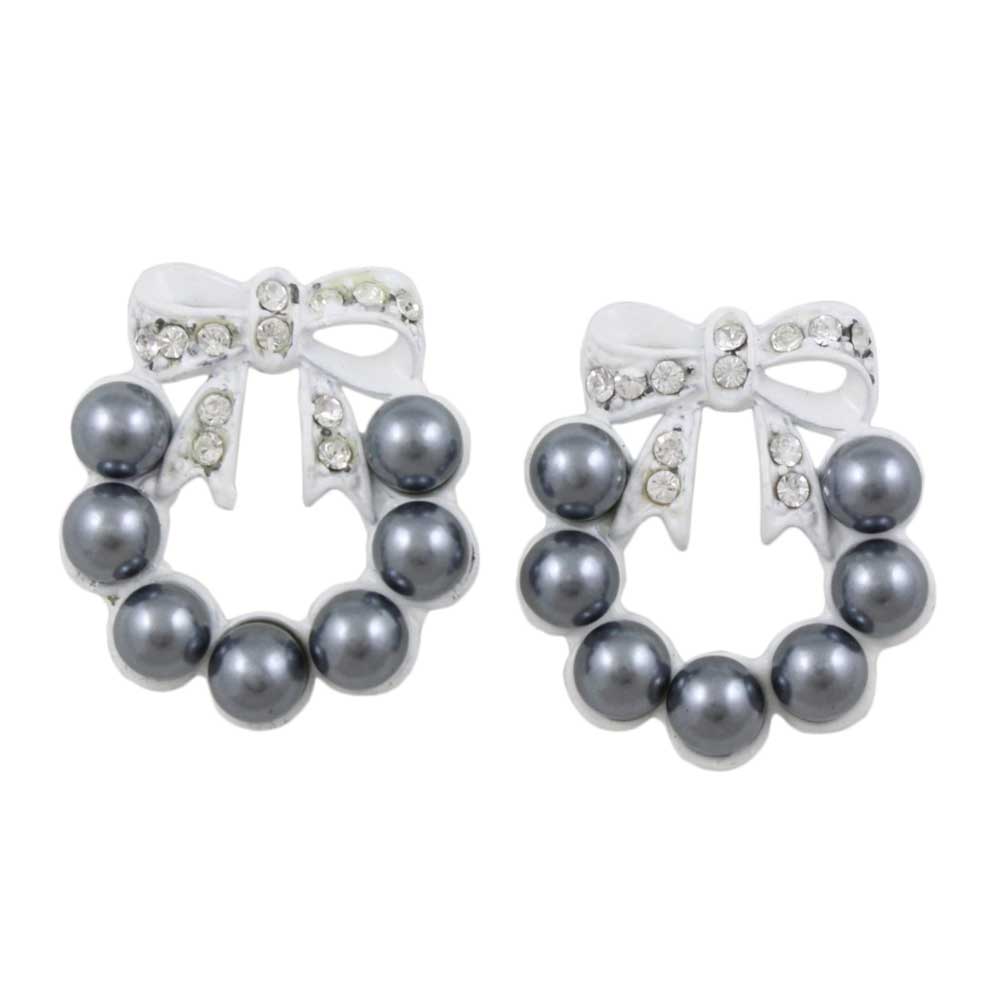Gray Pearl Wreath with White Crystal Bow Pierced Earring - PRE004 - Lilylin Designs