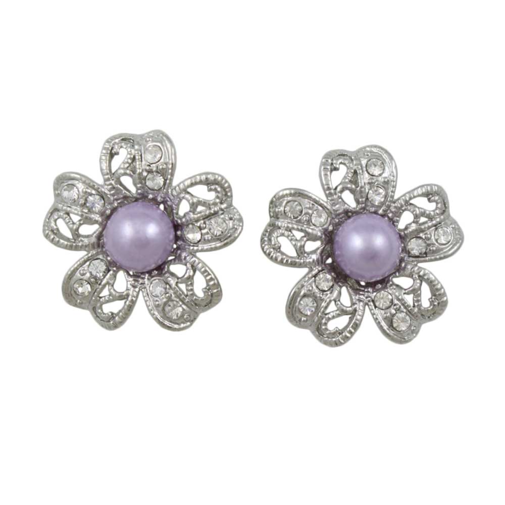 Crystal Flower with Purple Pearl Pierced Earring - PRE402 - Lilylin Designs