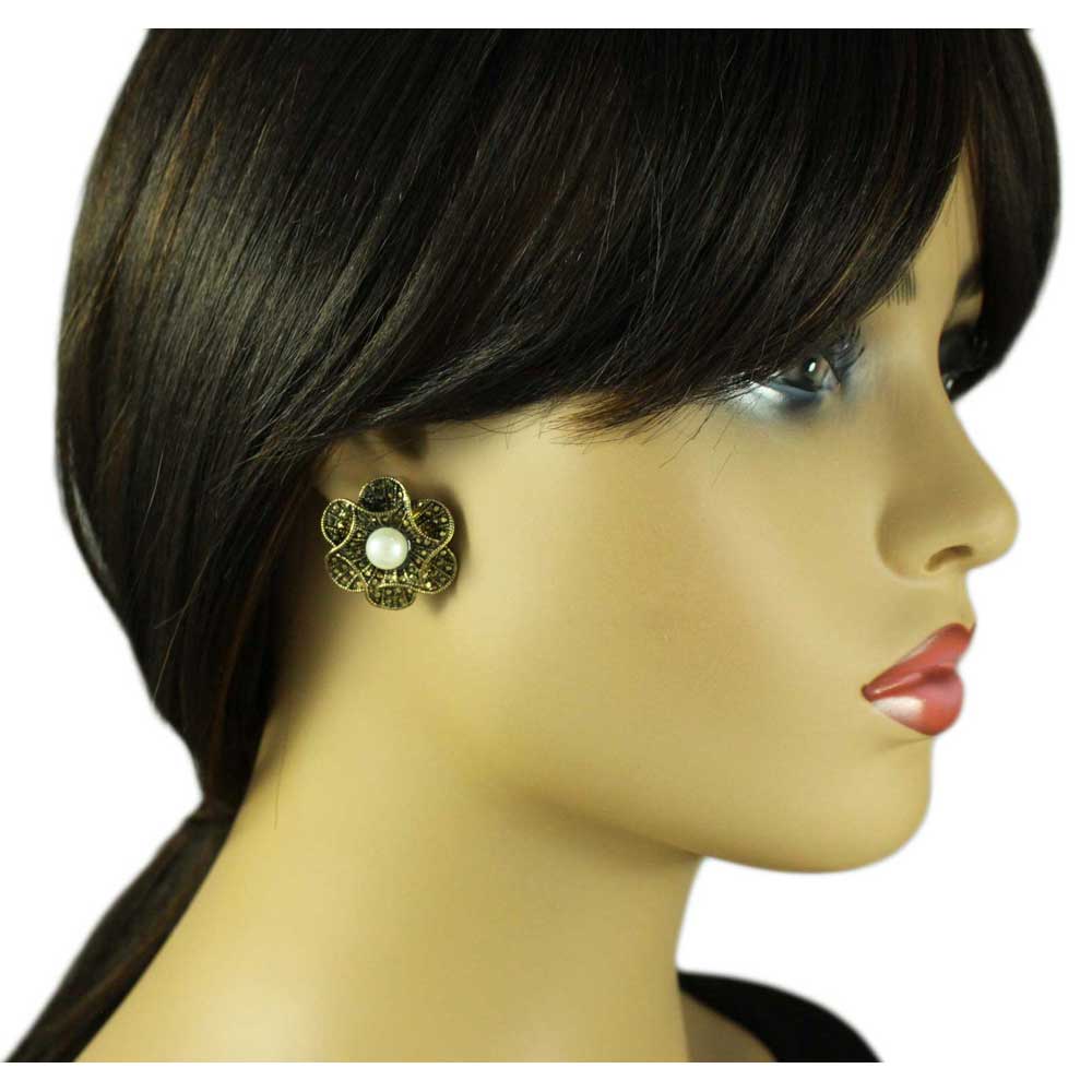 Antique Gold - tone Flower with White Pearl Pierced Earring - PRE502 - Lilylin Designs