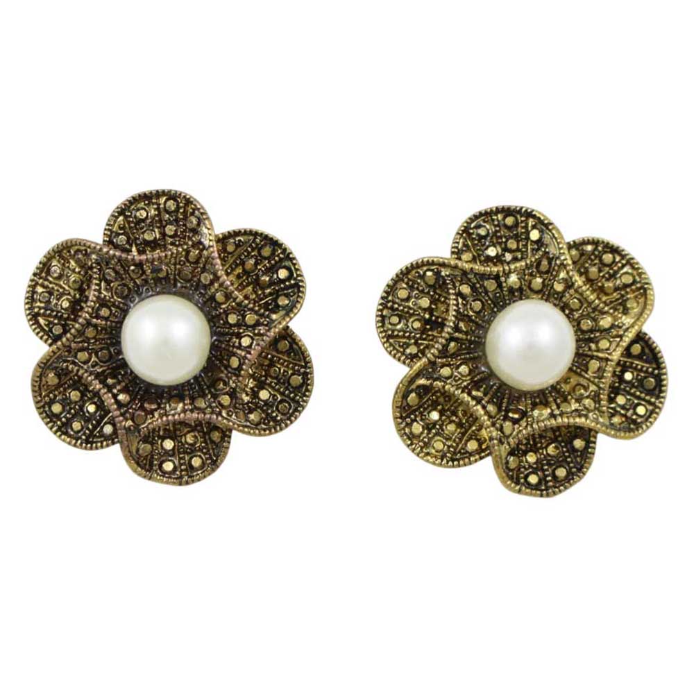 Antique Gold - tone Flower with White Pearl Pierced Earring - PRE502 - Lilylin Designs