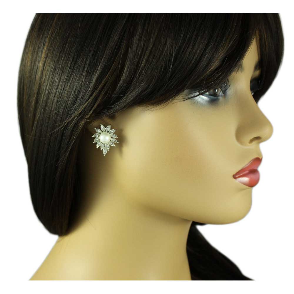 Crystal Sunburst with White Pearl Clip On Earring - PRE904C - Lilylin Designs