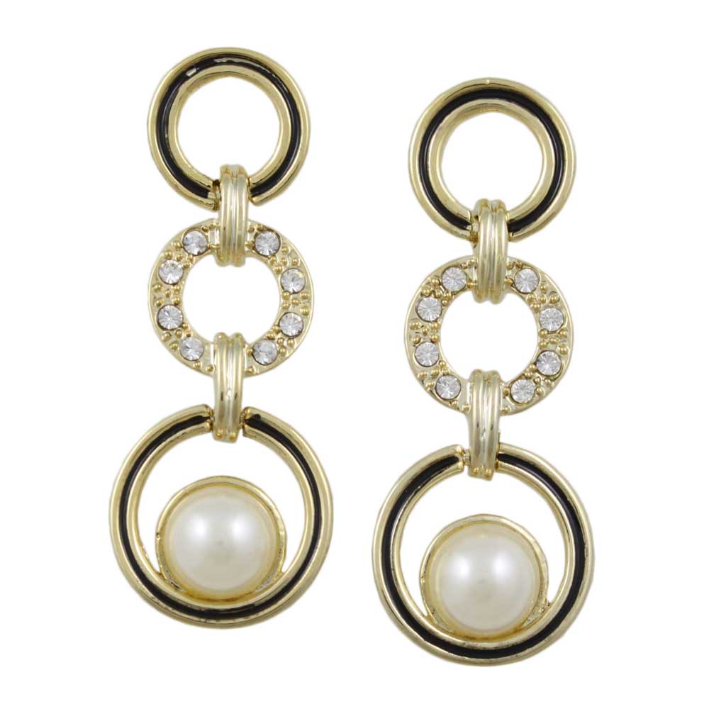 Black Enamel and Clear Crystal Circles Pearl Pierced Earring - PRE934 - Lilylin Designs