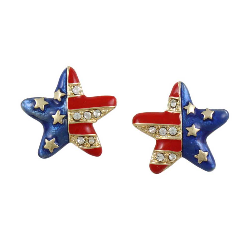 Gold Patriotic Red White Blue Star Pierced Earring - PRF154E - Lilylin Designs