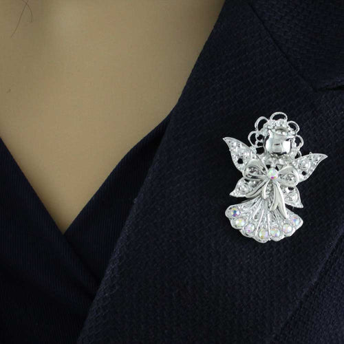 Model wearing AB Crystal Angel Brooch Pin with Large Wings Pin | Lilylin Designs