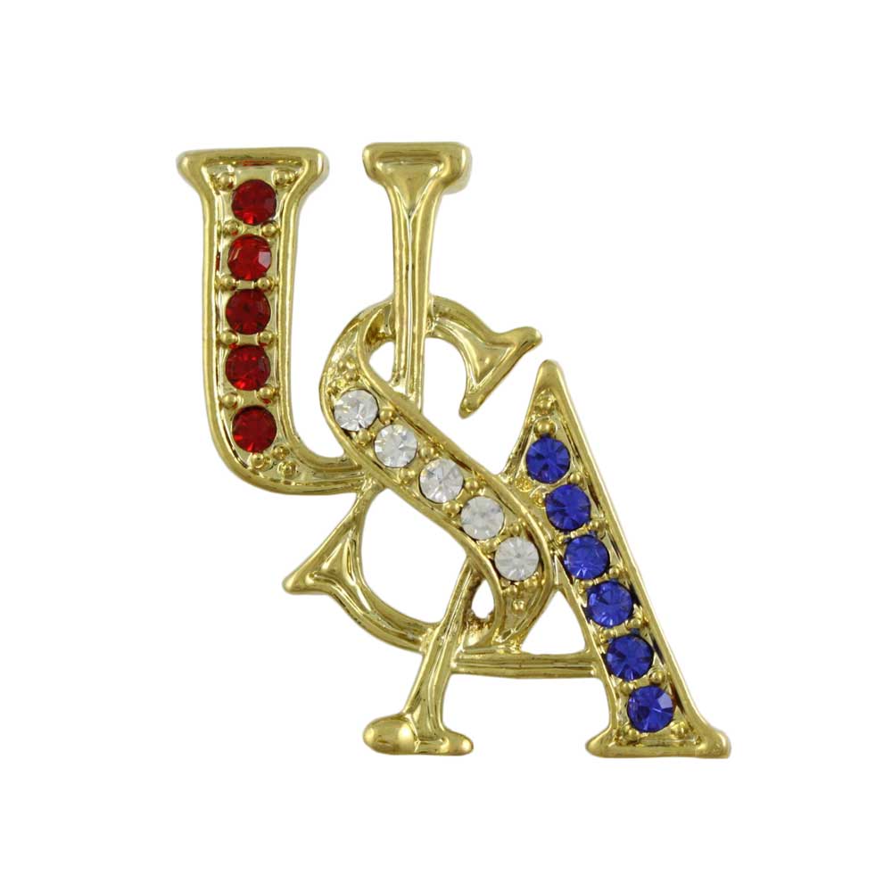Gold Patriotic Red White Blue Crystal USA Brooch Pin - PRF304 - Lilylin Designs