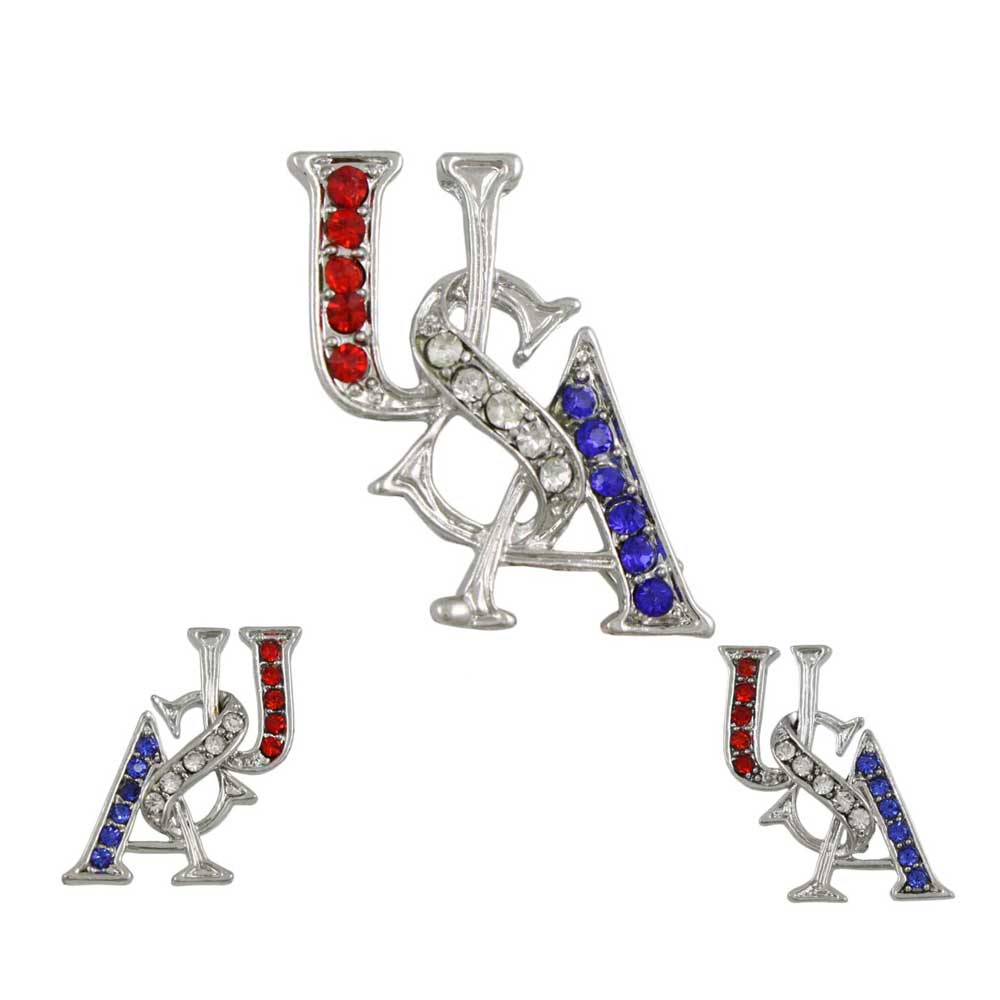 Silver Crystal USA Patriotic Brooch Pin and Earring Set - PRF304SBS - Lilylin Designs