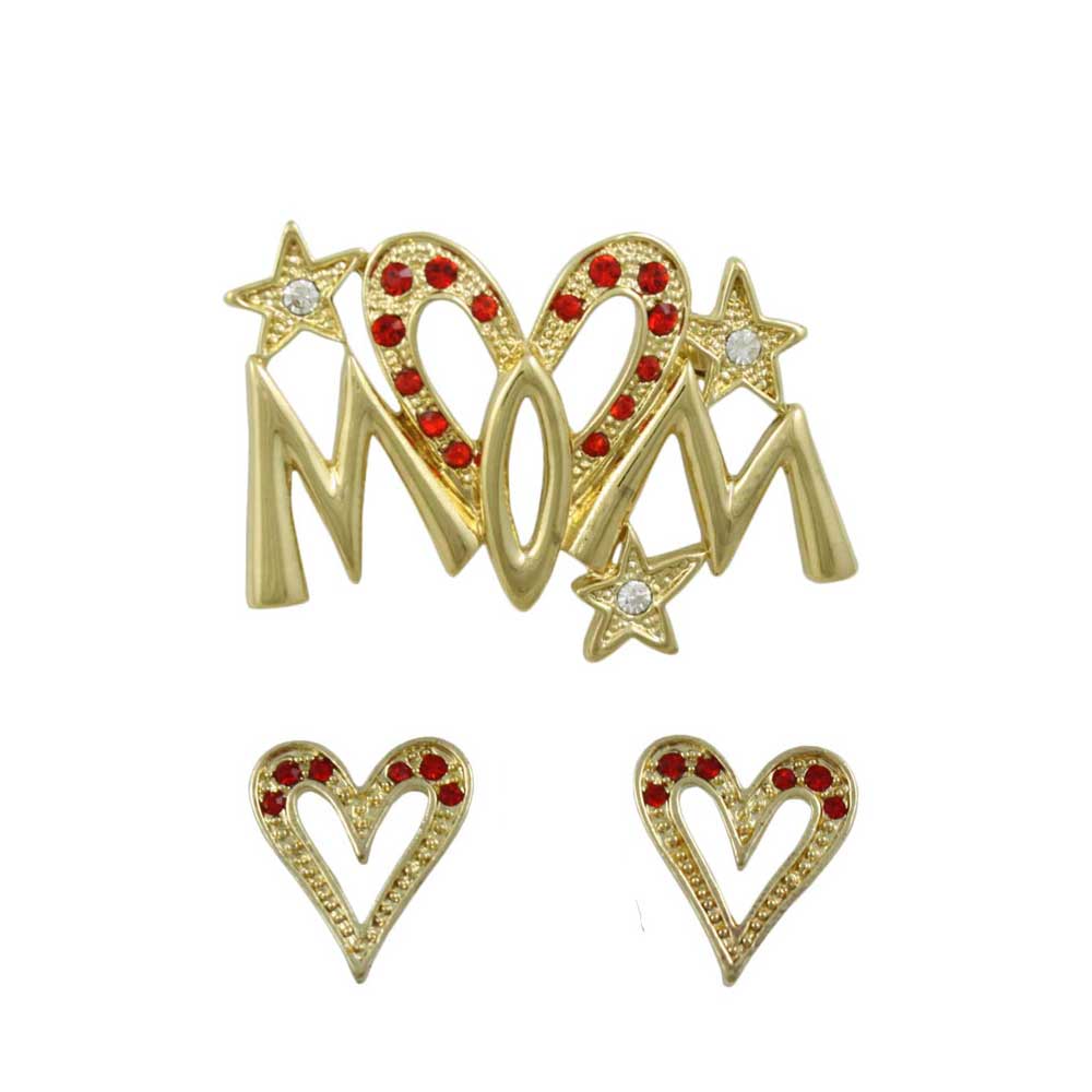 Lilylin Designs Gold Red Crystal Long Heart MOM Pin and Earring Set