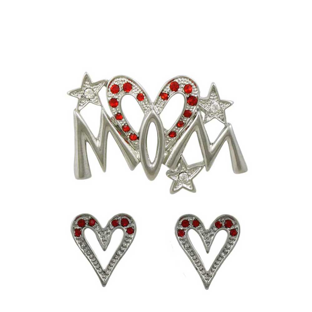 Silver Red Crystal Long Heart MOM Pin and Earring Set - PRF320SBS - Lilylin Designs