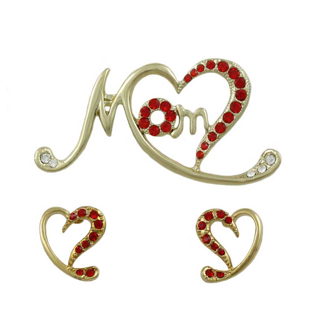 Gold Stylized Red Crystal Heart MOM Pin and Earring Set - PRF323BS - Lilylin Designs