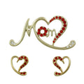 Gold Stylized Red Crystal Heart MOM Pin and Earring Set | Lilylin Designs